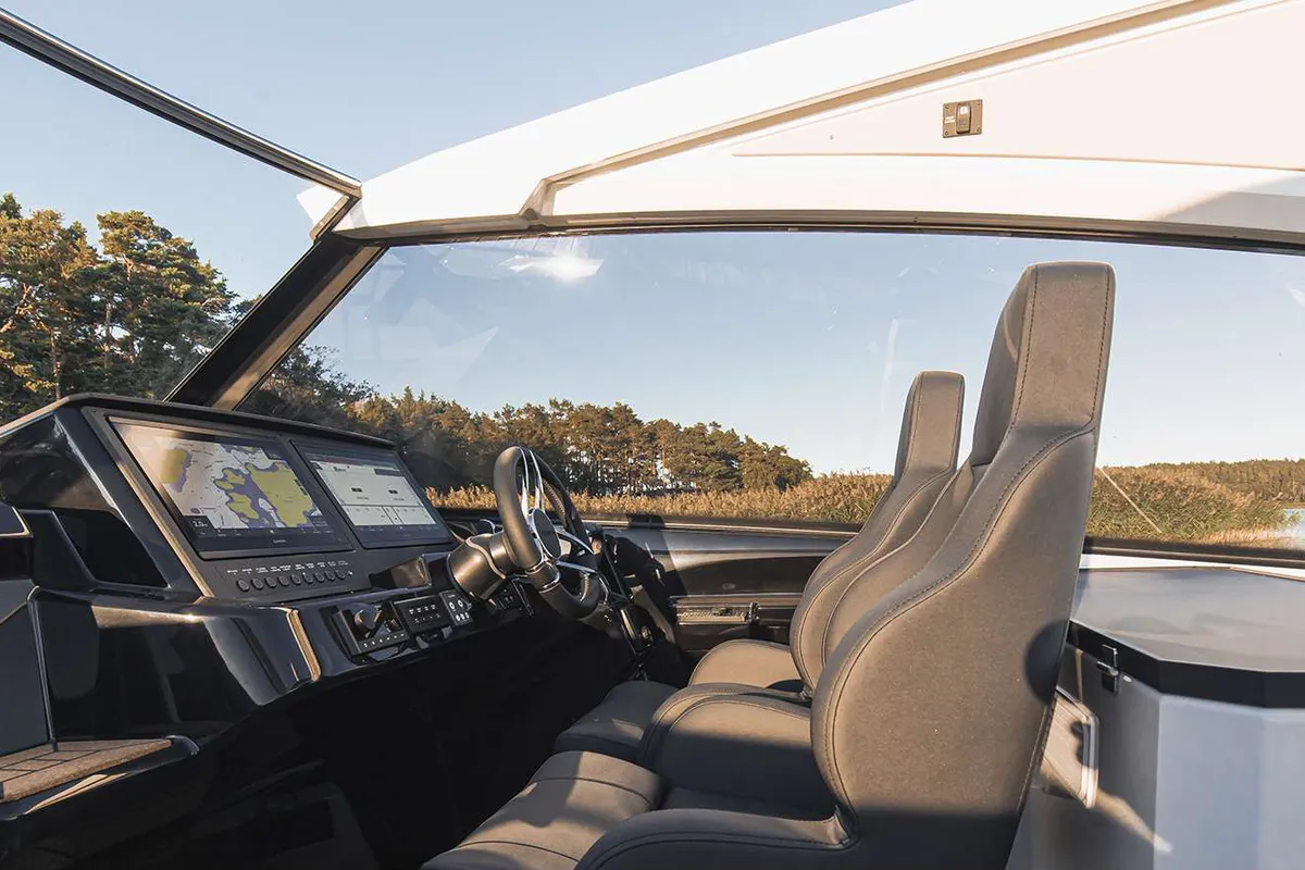 Cockpit of Alba, a Finnmaster T9 ST motorboat at Grad Trogir, Croatia