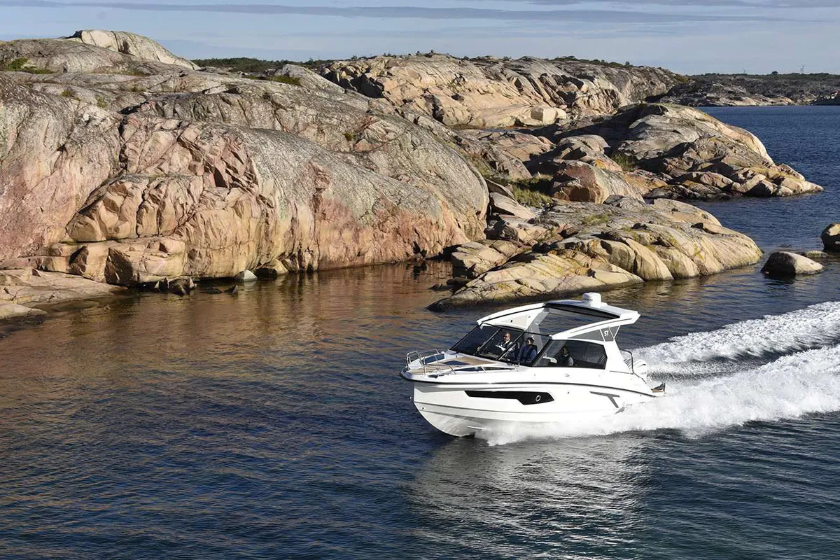 Exterior view of Alba, a Finnmaster T9 ST motorboat at Grad Trogir, Croatia