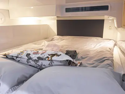 Cabin on Alba, a Finnmaster T9 ST motorboat at Grad Trogir, Croatia