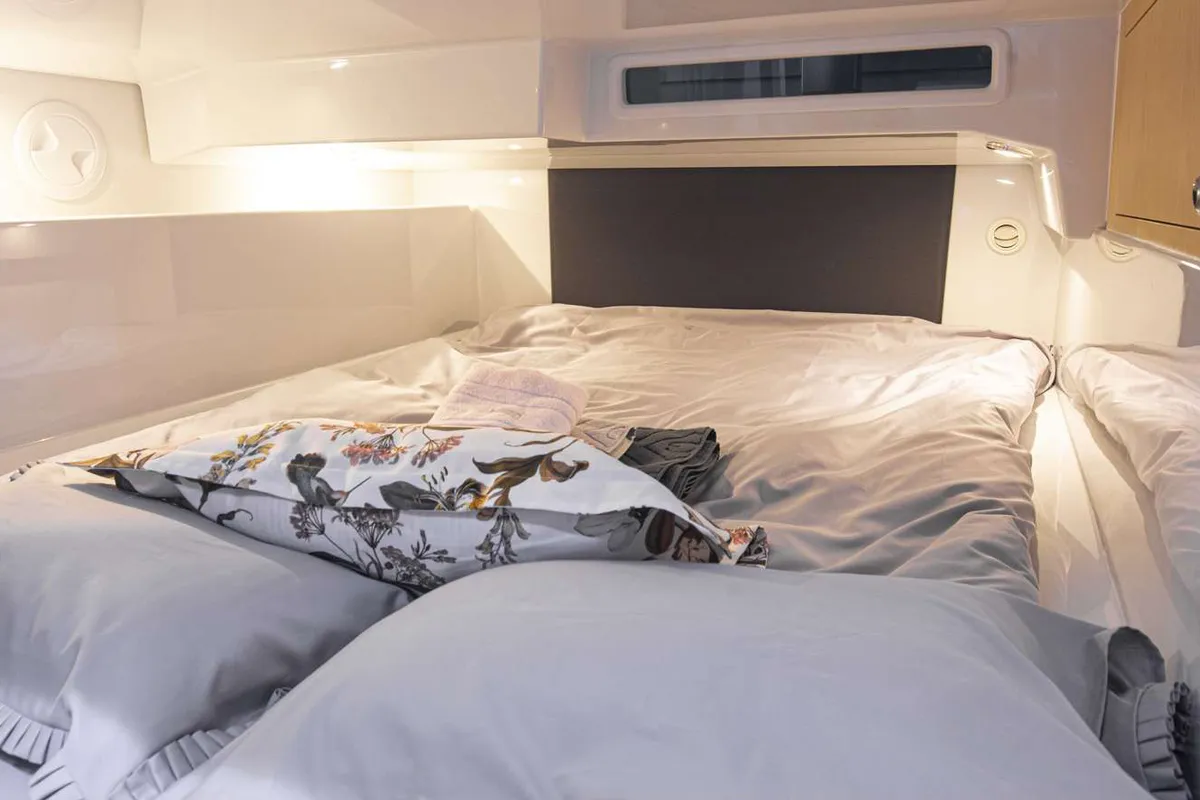 Cabin on Alba, a Finnmaster T9 ST motorboat at Grad Trogir, Croatia
