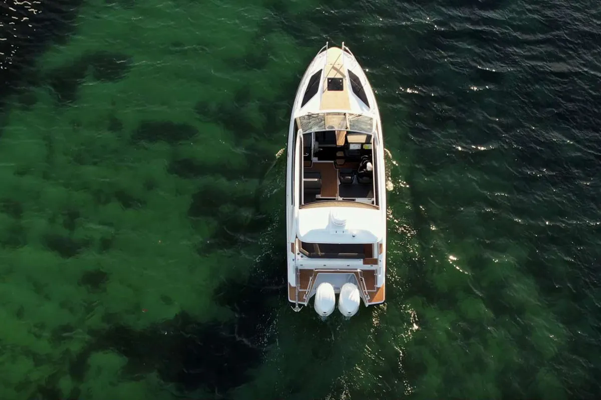 Exterior view of Alba, a Finnmaster T9 ST motorboat at Grad Trogir, Croatia