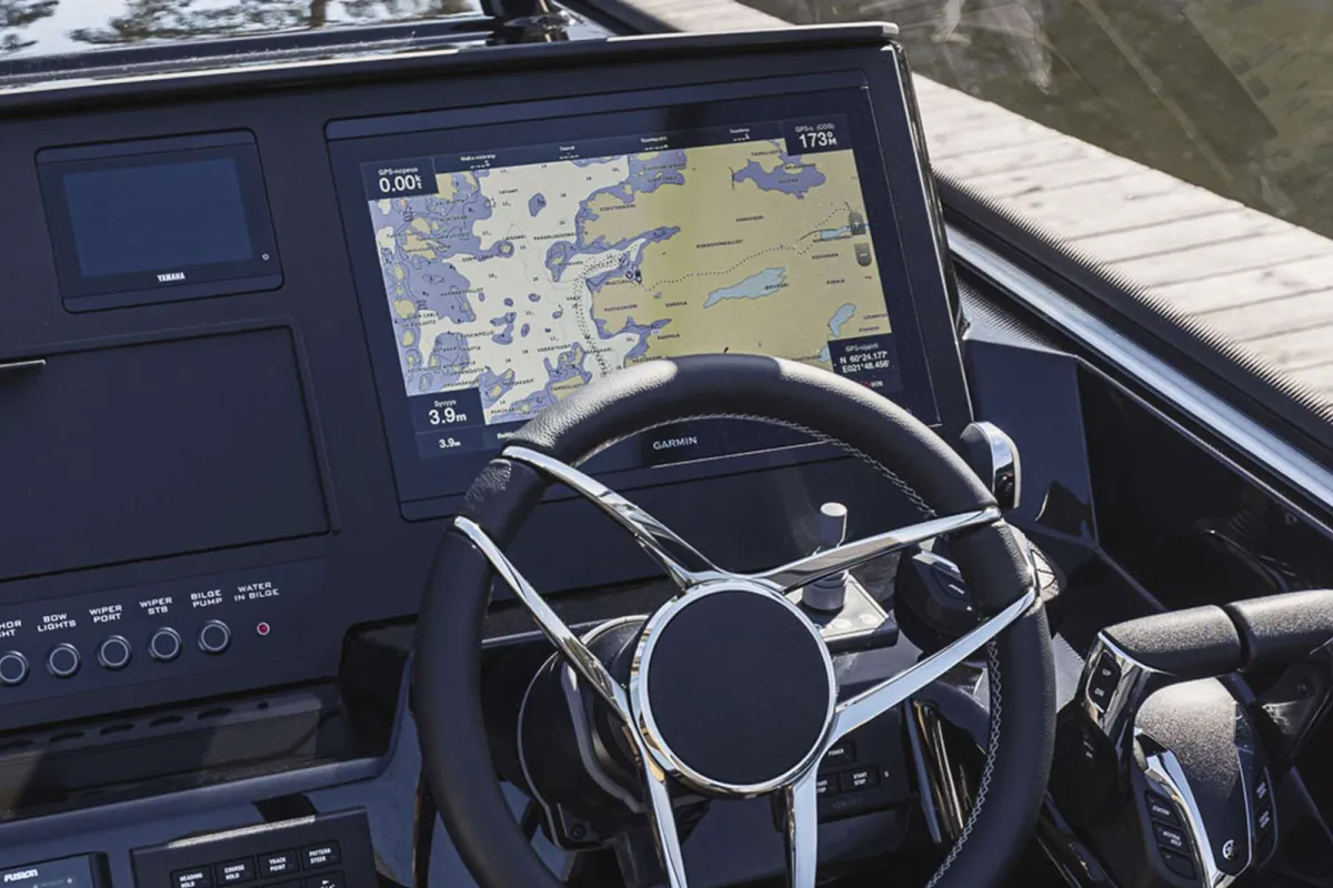 Cockpit of Alba, a Finnmaster T9 ST motorboat at Grad Trogir, Croatia