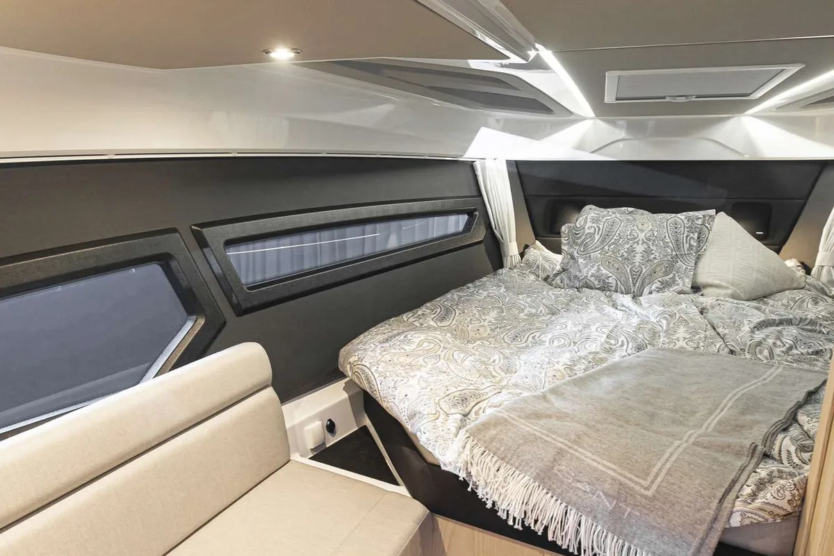 Cabin on Alba, a Finnmaster T9 ST motorboat at Grad Trogir, Croatia