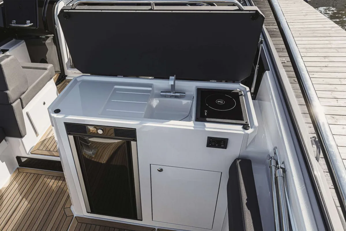 Deck of Alba, a Finnmaster T9 ST motorboat at Grad Trogir, Croatia