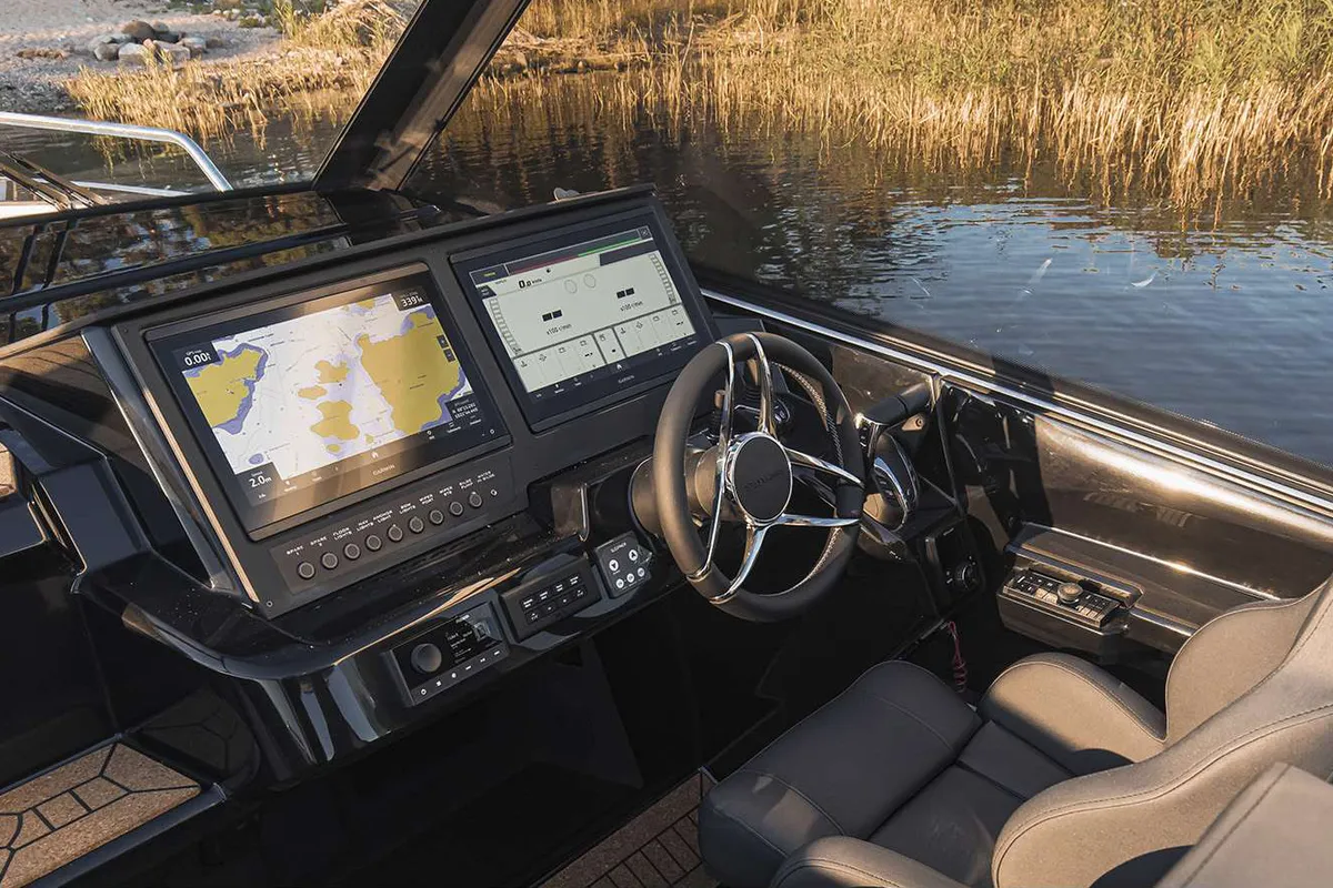 Cockpit of Alba, a Finnmaster T9 ST motorboat at Grad Trogir, Croatia