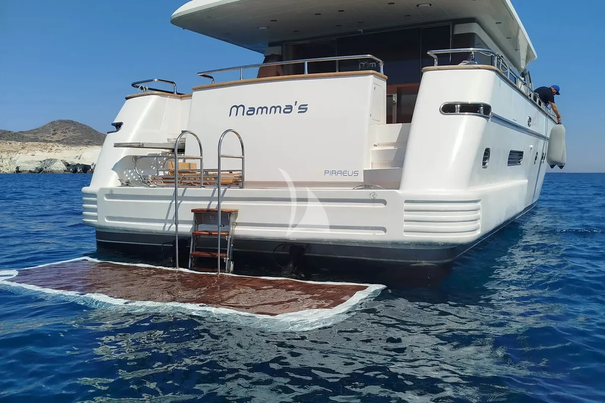 Exterior view of Mamma's, a San Lorenzo SL 82 motor yacht at Athens, Greece