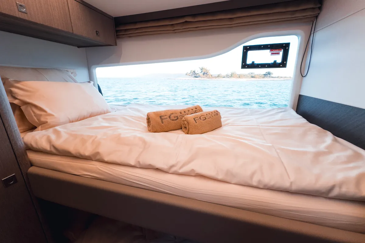 Cabin on Premium, a Galeon 440 Fly motorboat at Seget Donji, Croatia