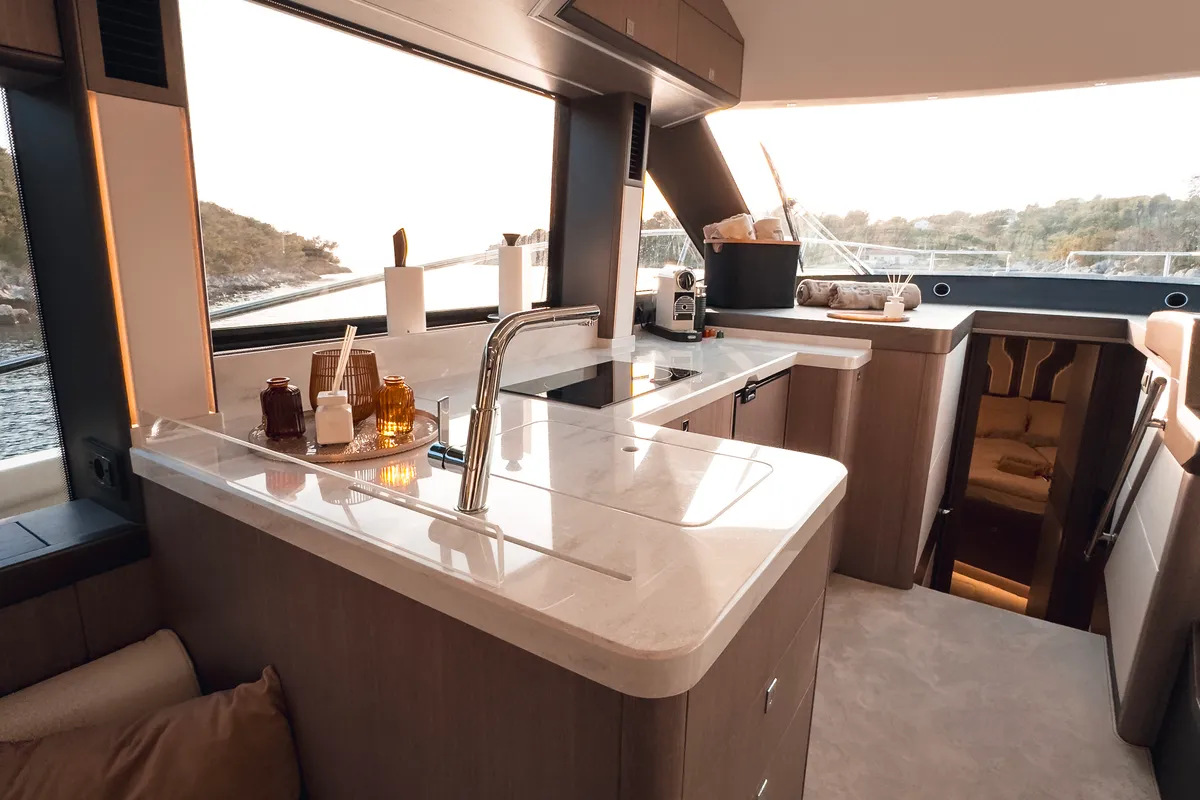 Galley of Premium, a Galeon 440 Fly motorboat at Seget Donji, Croatia
