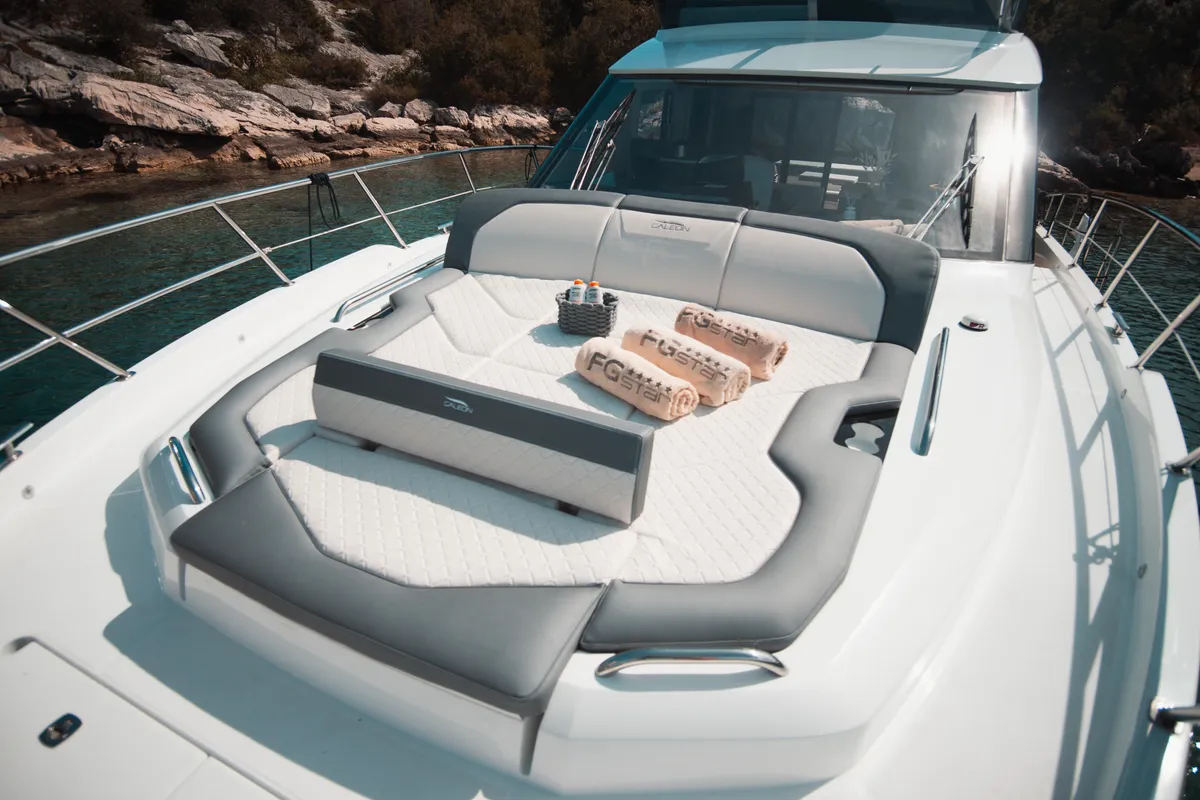 Deck of Premium, a Galeon 440 Fly motorboat at Seget Donji, Croatia