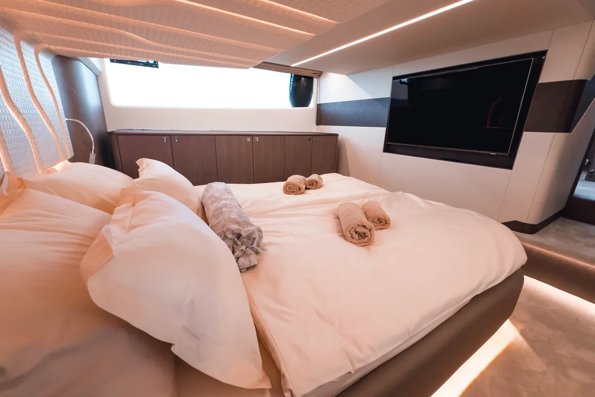 Cabin on Premium, a Galeon 440 Fly motorboat at Seget Donji, Croatia