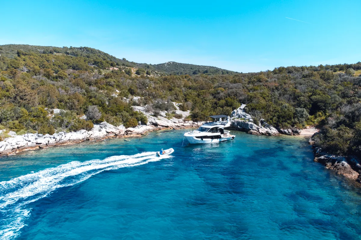 Exterior view of Premium, a Galeon 440 Fly motorboat at Seget Donji, Croatia