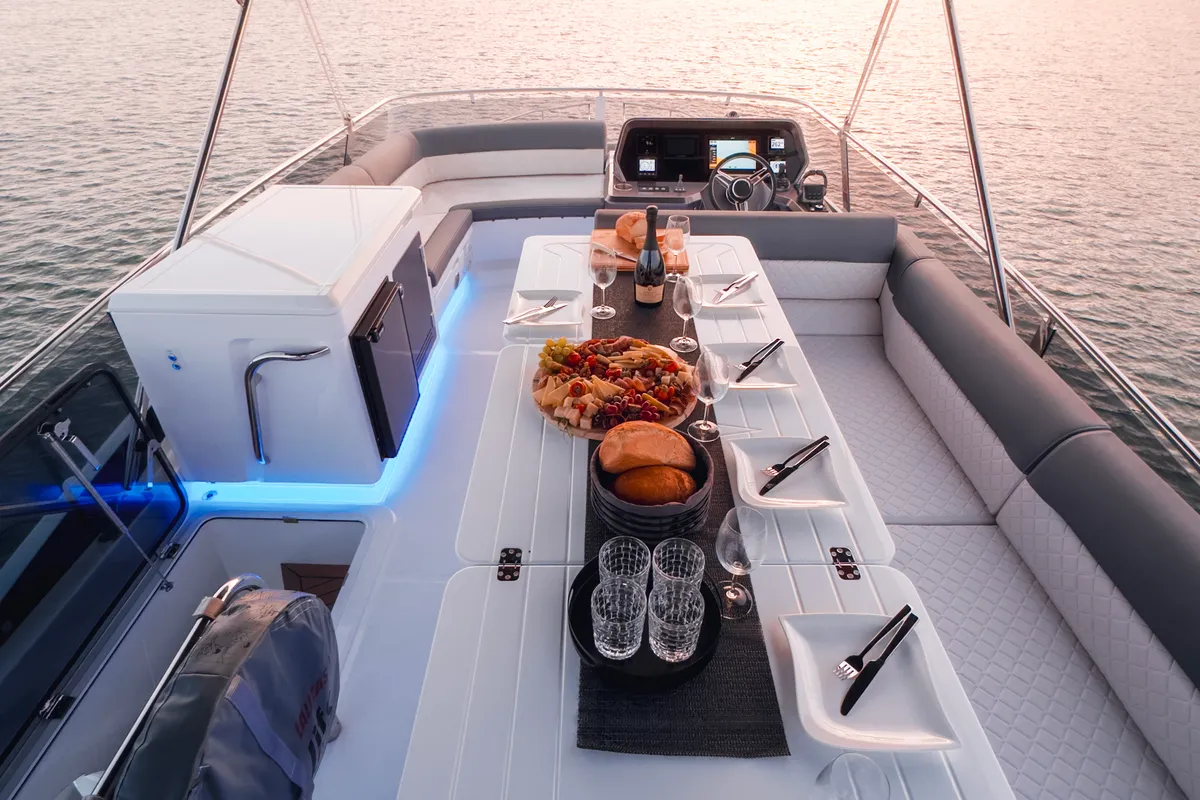 Deck of Premium, a Galeon 440 Fly motorboat at Seget Donji, Croatia