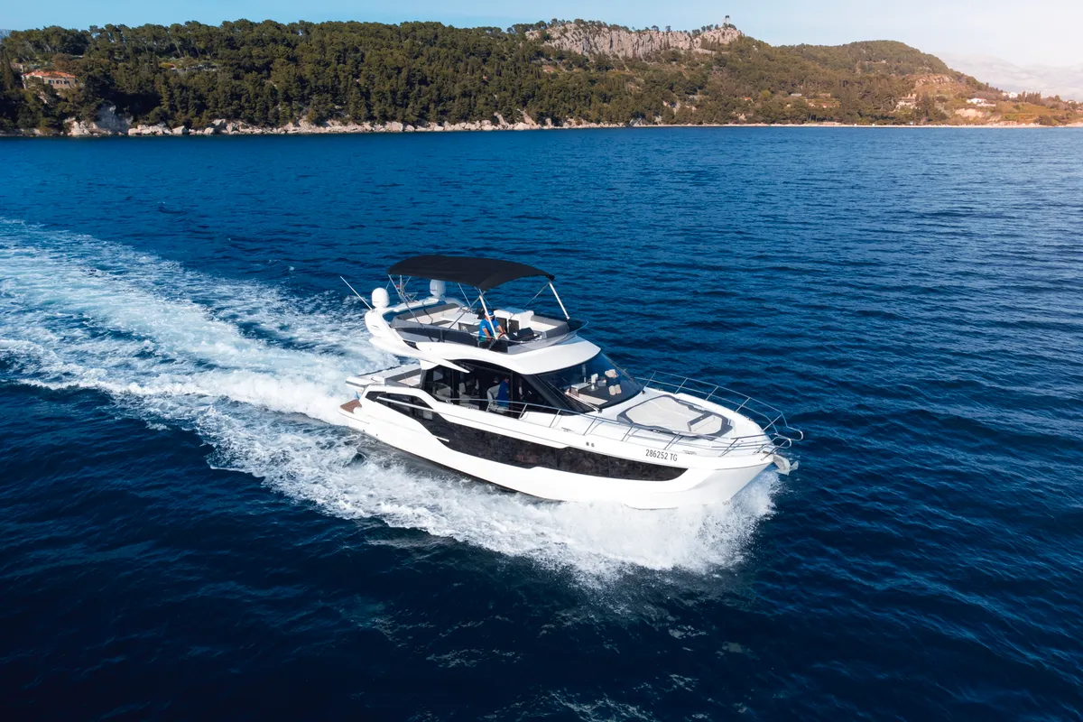 Exterior view of Premium, a Galeon 440 Fly motorboat at Seget Donji, Croatia