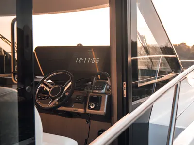 Cockpit of Premium, a Galeon 440 Fly motorboat at Seget Donji, Croatia