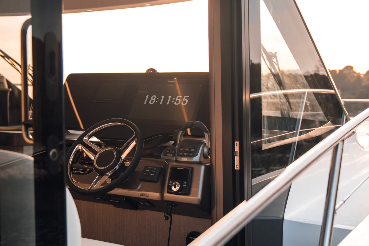 Cockpit of Premium, a Galeon 440 Fly motorboat at Seget Donji, Croatia