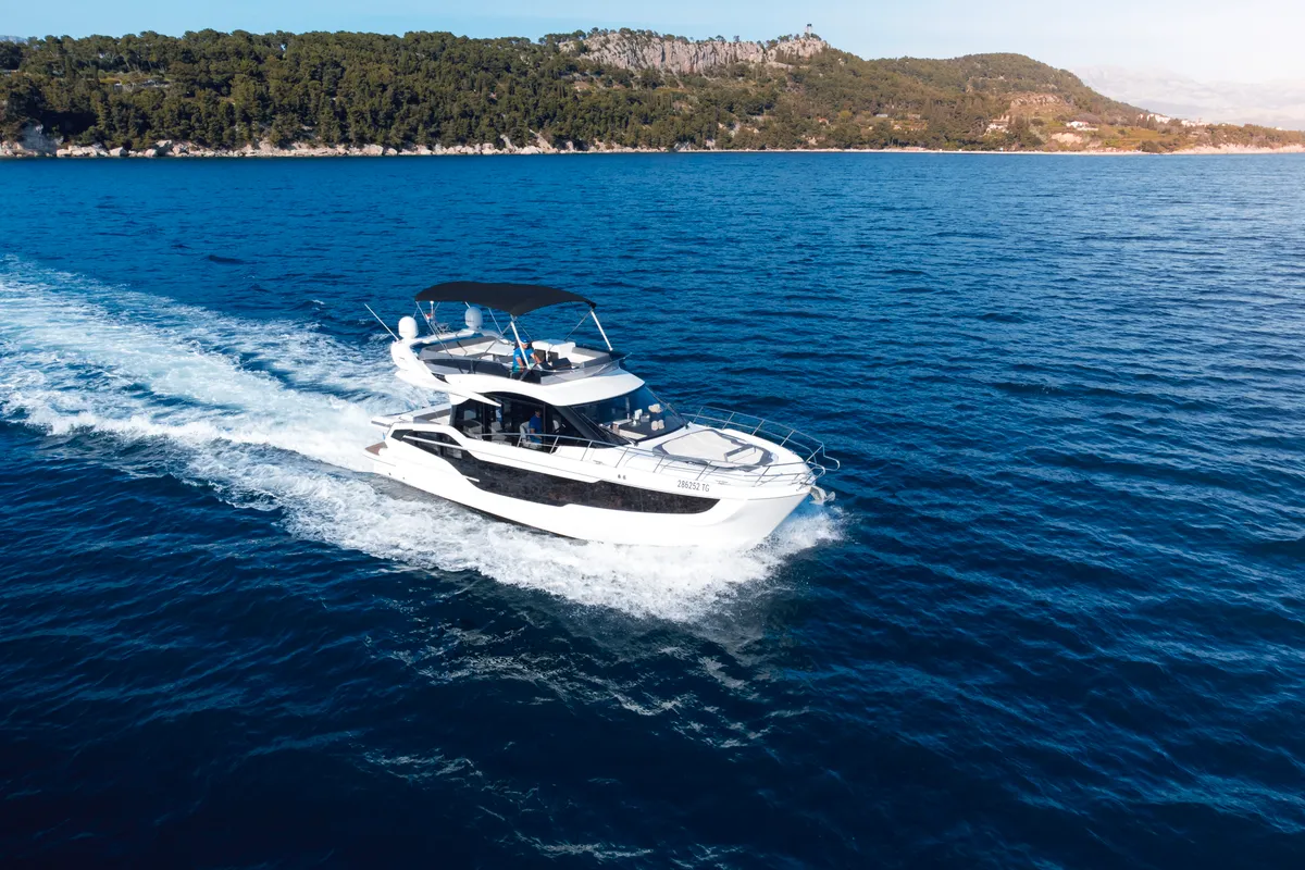 Exterior view of Premium, a Galeon 440 Fly motorboat at Seget Donji, Croatia