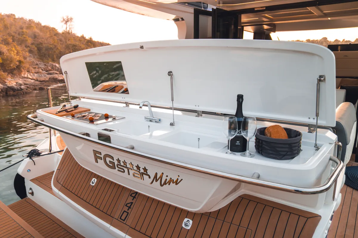 Deck of Premium, a Galeon 440 Fly motorboat at Seget Donji, Croatia