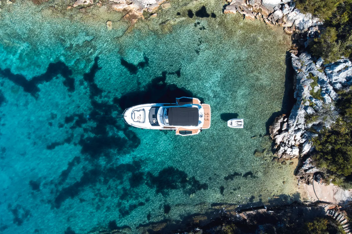 Exterior view of Premium, a Galeon 440 Fly motorboat at Seget Donji, Croatia