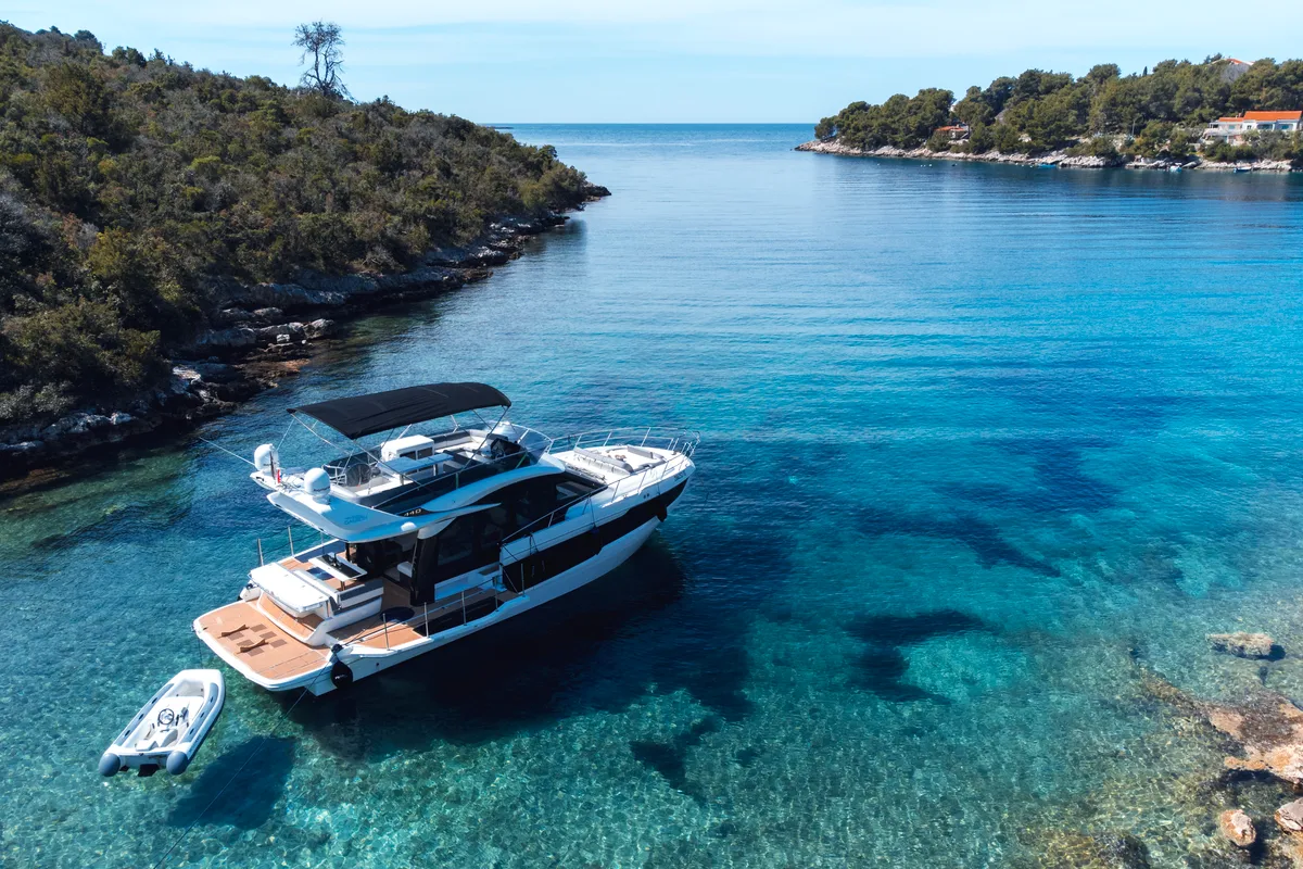 Exterior view of Premium, a Galeon 440 Fly motorboat at Seget Donji, Croatia