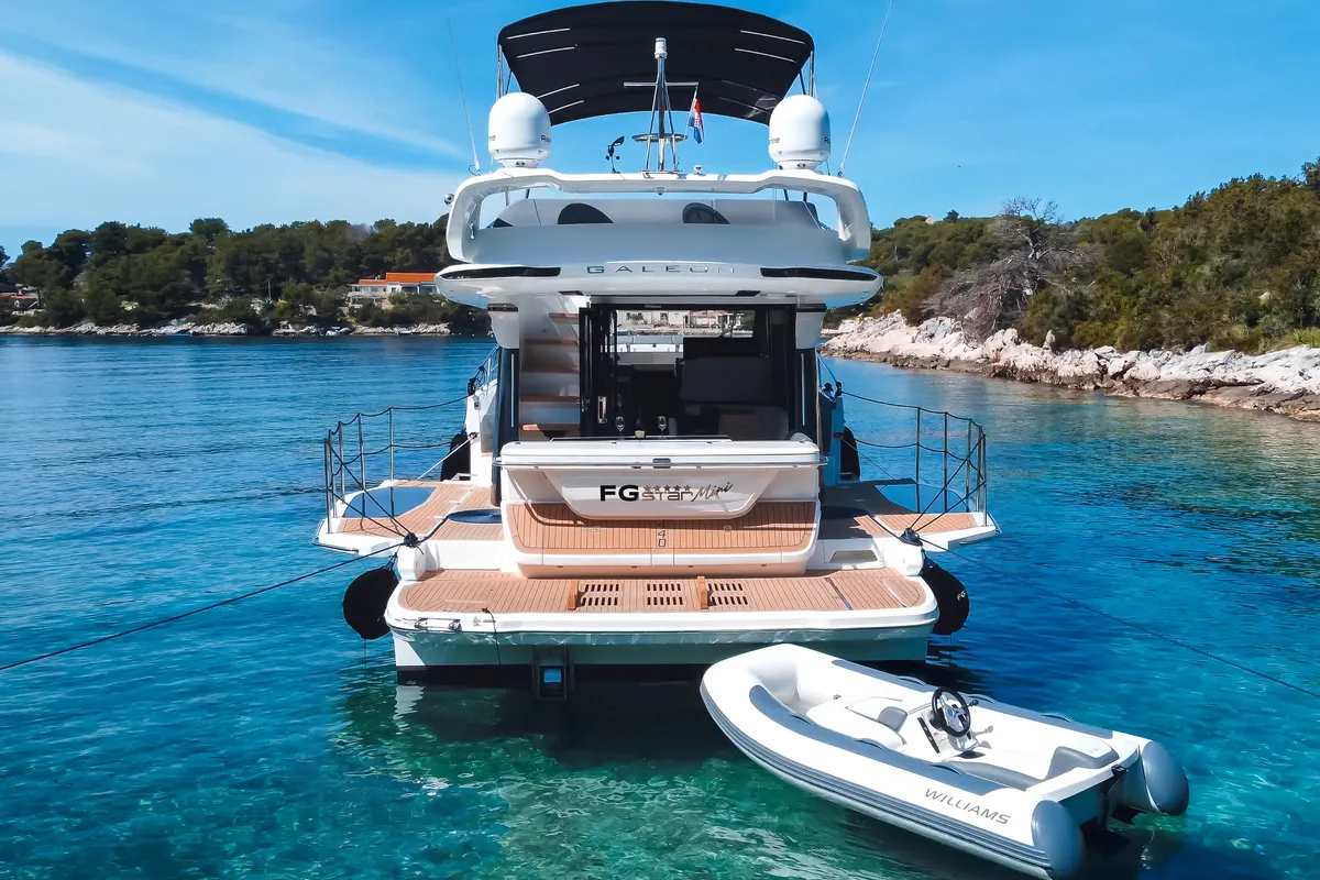 Exterior view of Premium, a Galeon 440 Fly motorboat at Seget Donji, Croatia