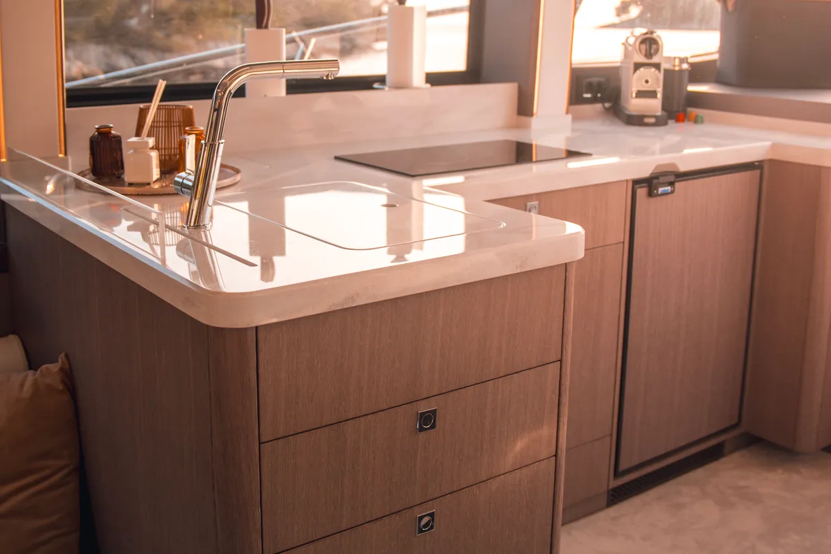 Galley of Premium, a Galeon 440 Fly motorboat at Seget Donji, Croatia