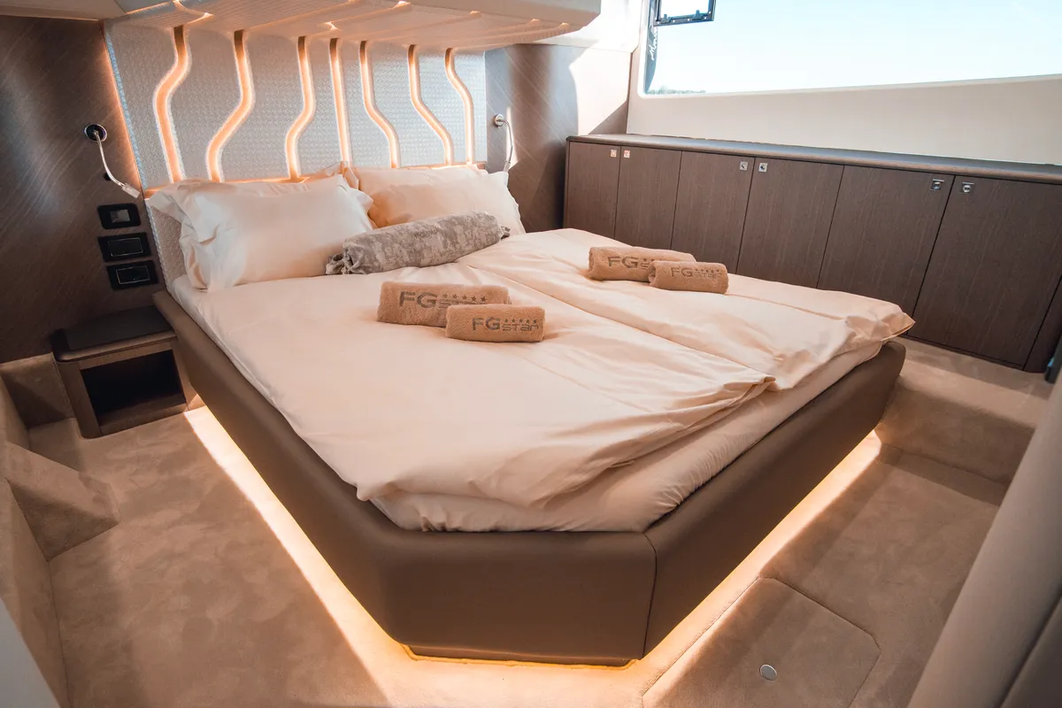 Cabin on Premium, a Galeon 440 Fly motorboat at Seget Donji, Croatia
