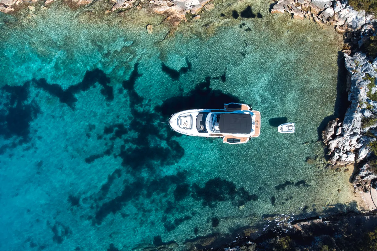 Exterior view of Premium, a Galeon 440 Fly motorboat at Seget Donji, Croatia