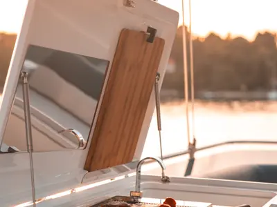 Deck of Premium, a Galeon 440 Fly motorboat at Seget Donji, Croatia