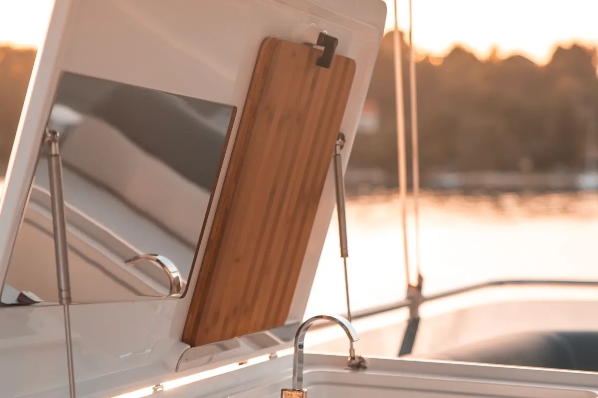Deck of Premium, a Galeon 440 Fly motorboat at Seget Donji, Croatia