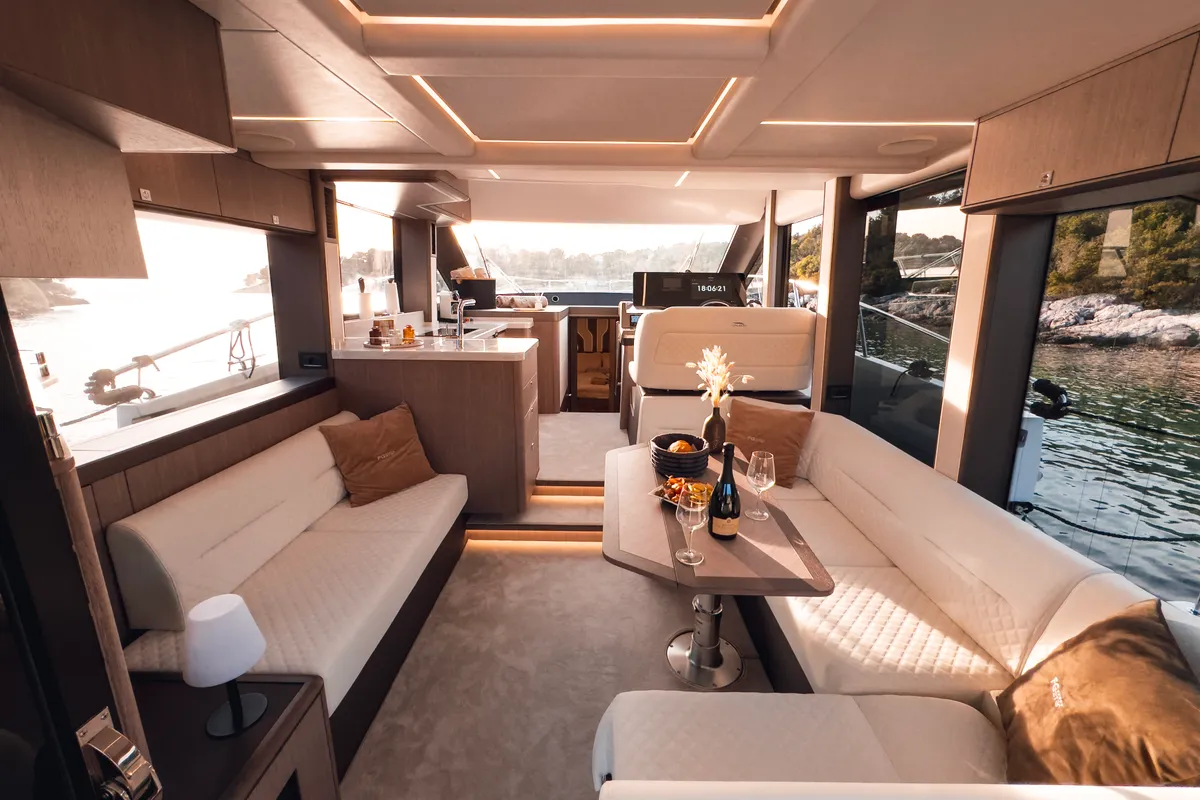 Salon of Premium, a Galeon 440 Fly motorboat at Seget Donji, Croatia