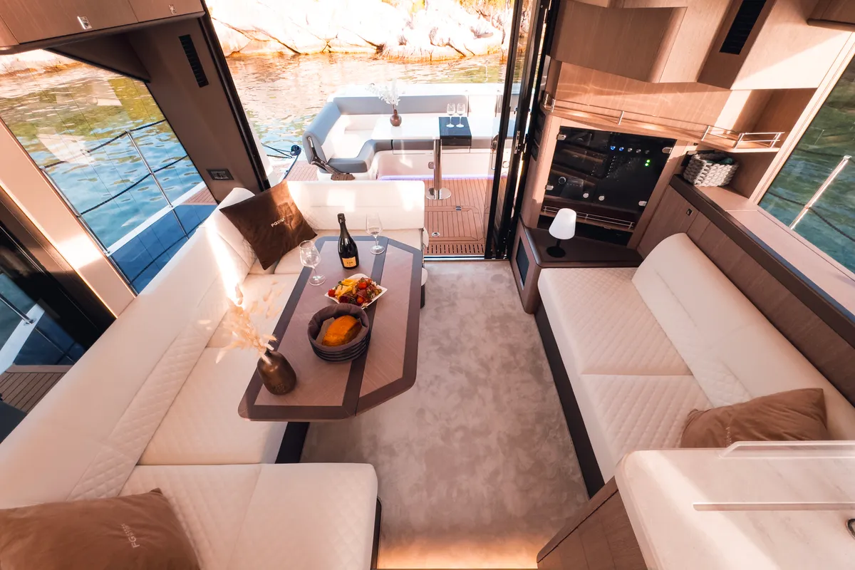 Salon of Premium, a Galeon 440 Fly motorboat at Seget Donji, Croatia