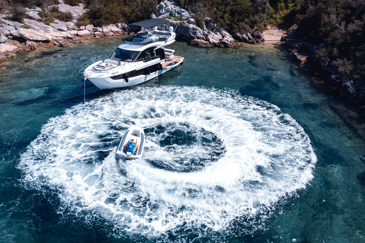 Exterior view of Premium, a Galeon 440 Fly motorboat at Seget Donji, Croatia