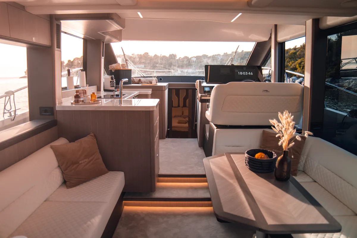Salon of Premium, a Galeon 440 Fly motorboat at Seget Donji, Croatia