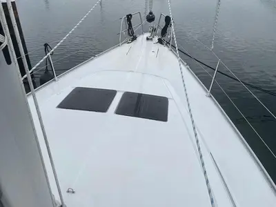 Deck of Michael, a Bavaria Cruiser 46 sailboat at Kos, Greece
