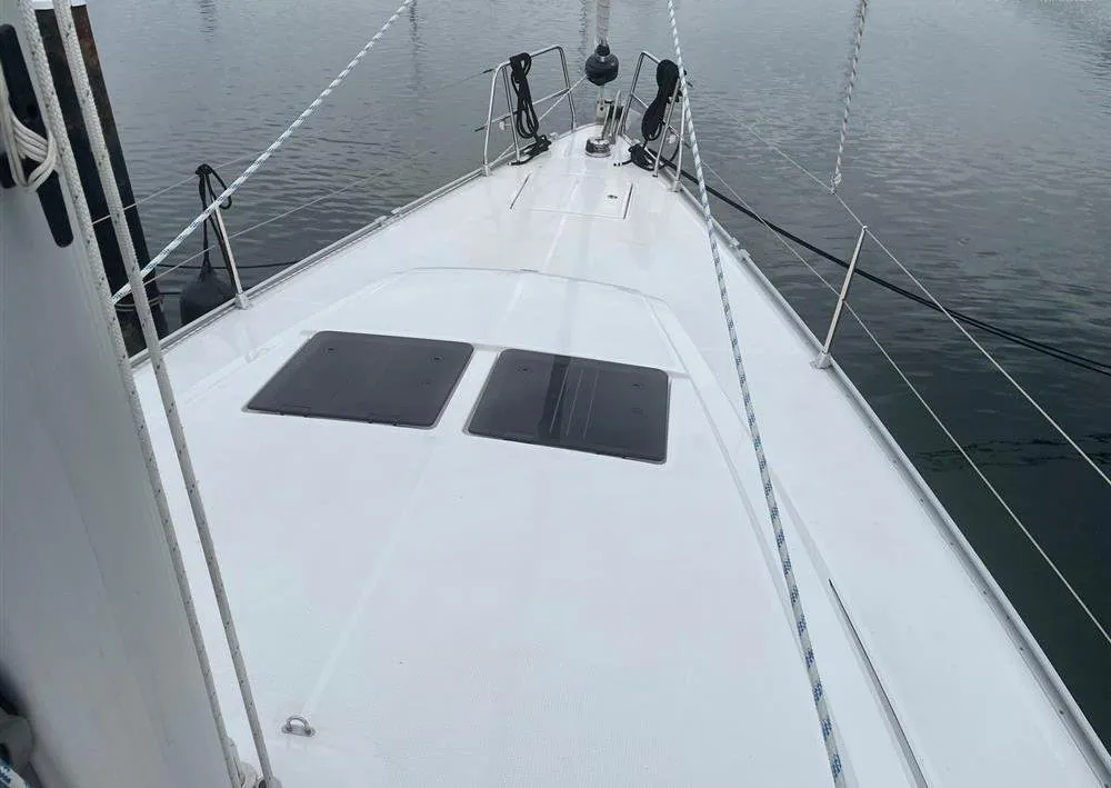 Deck of Michael, a Bavaria Cruiser 46 sailboat at Kos, Greece