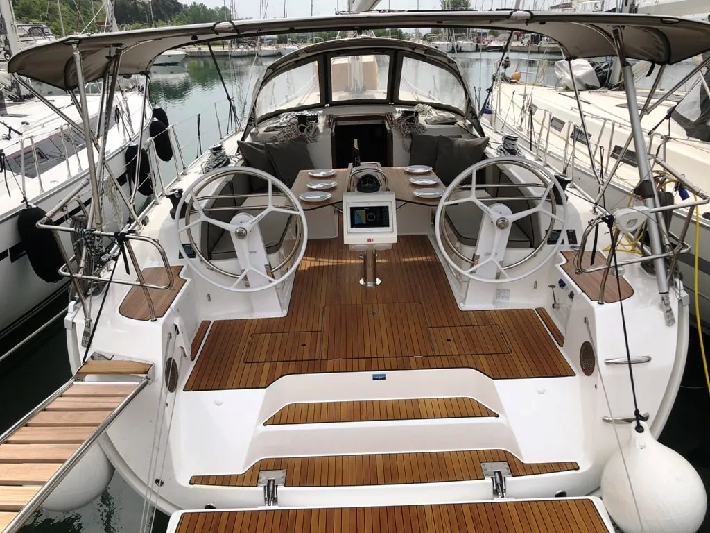 Cockpit of Michael, a Bavaria Cruiser 46 sailboat at Kos, Greece