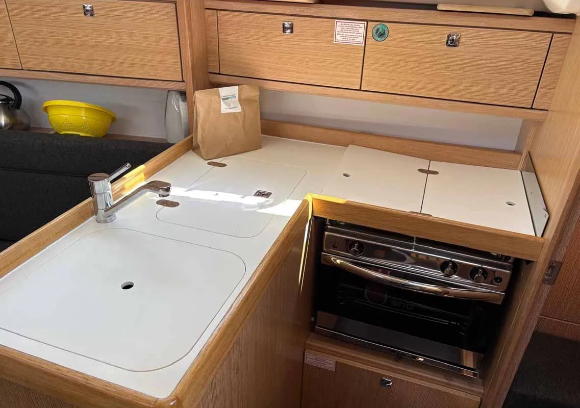 Galley of Rocky III, a Bavaria Cruiser 34 Style sailboat at Jezera, Croatia