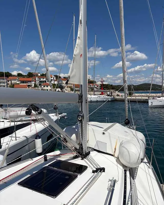 Deck of Rocky III, a Bavaria Cruiser 34 Style sailboat at Jezera, Croatia