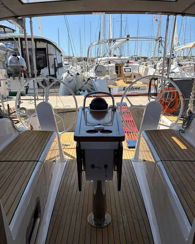 Cockpit of Rocky III, a Bavaria Cruiser 34 Style sailboat at Jezera, Croatia
