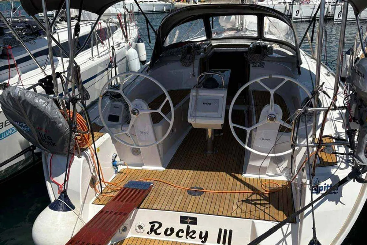 Cockpit of Rocky III, a Bavaria Cruiser 34 Style sailboat at Jezera, Croatia
