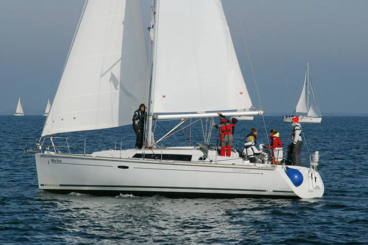 Exterior view of White Horse, a Beneteau Oceanis 37 sailboat at Flensburg, Germany