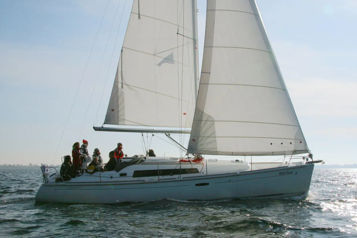 Exterior view of White Horse, a Beneteau Oceanis 37 sailboat at Flensburg, Germany
