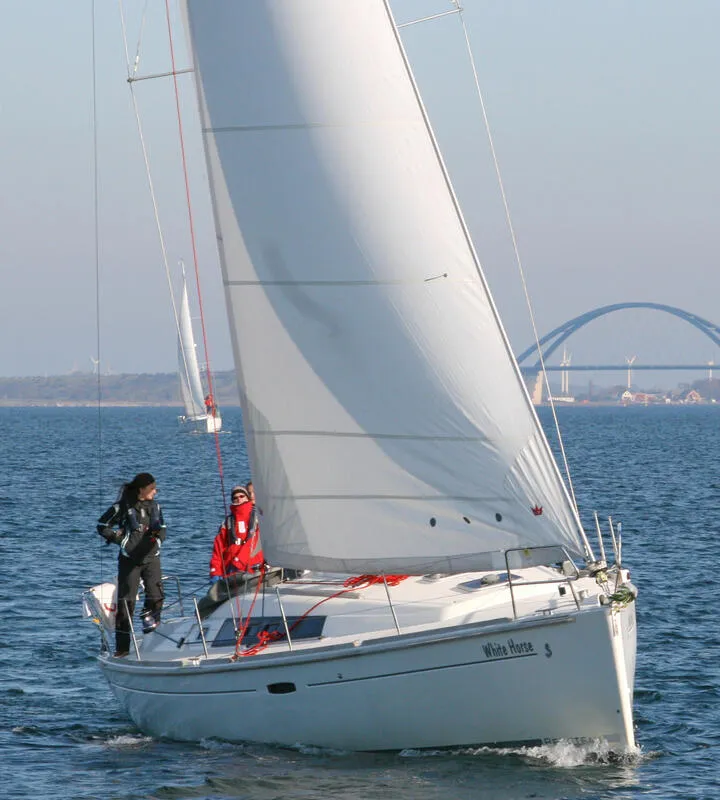 Exterior view of White Horse, a Beneteau Oceanis 37 sailboat at Flensburg, Germany
