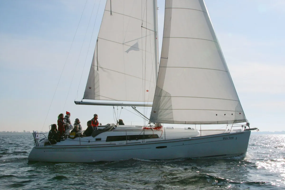 Exterior view of White Horse, a Beneteau Oceanis 37 sailboat at Flensburg, Germany