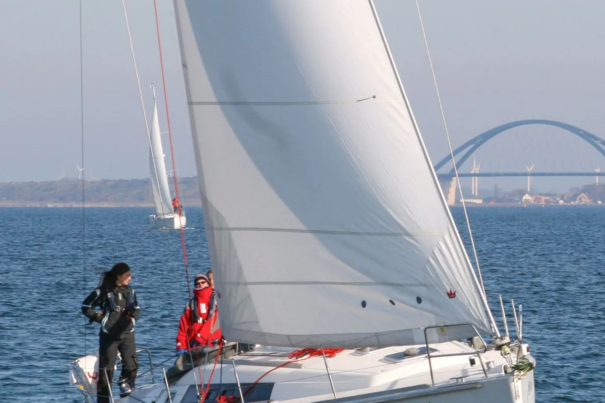 Exterior view of White Horse, a Beneteau Oceanis 37 sailboat at Flensburg, Germany