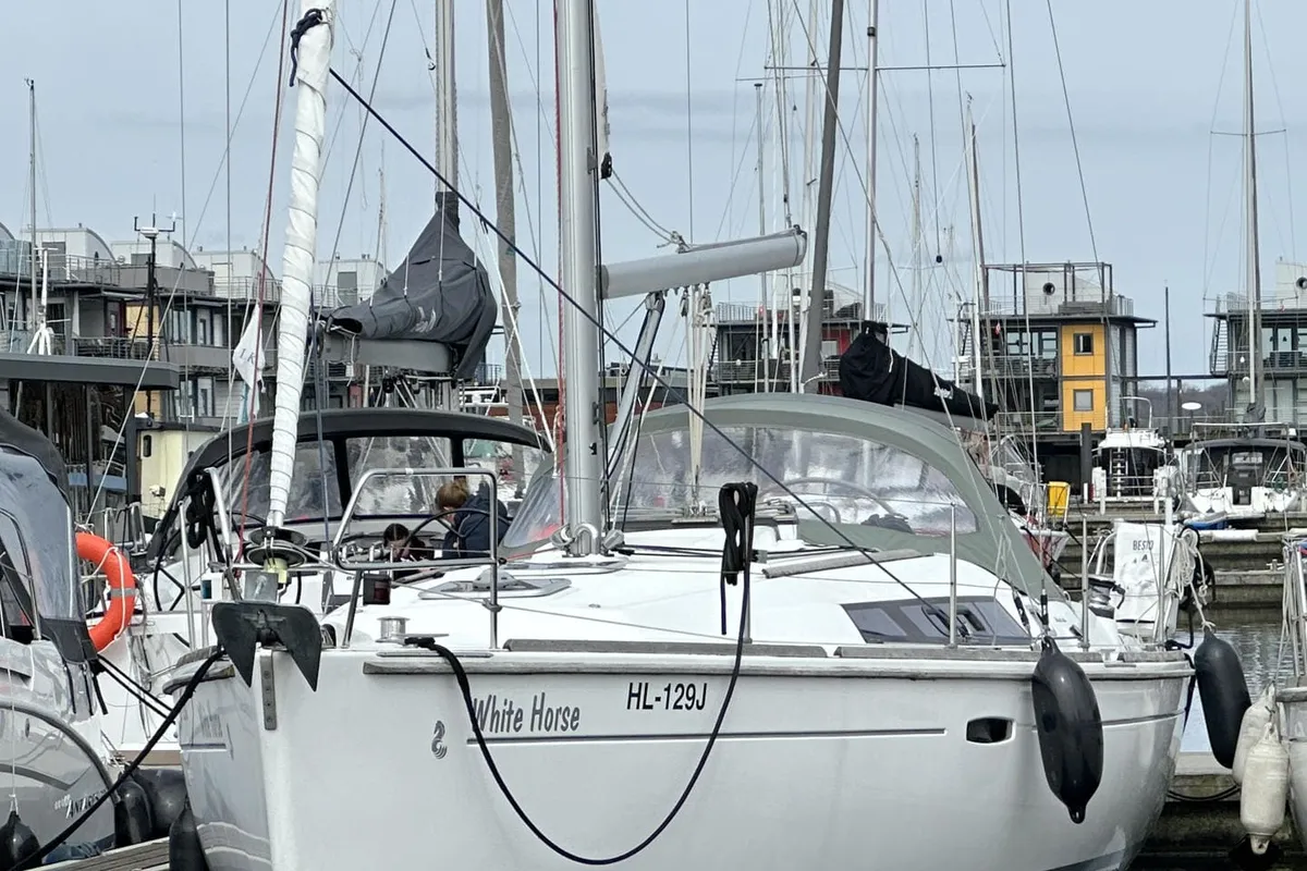Exterior view of White Horse, a Beneteau Oceanis 37 sailboat at Flensburg, Germany