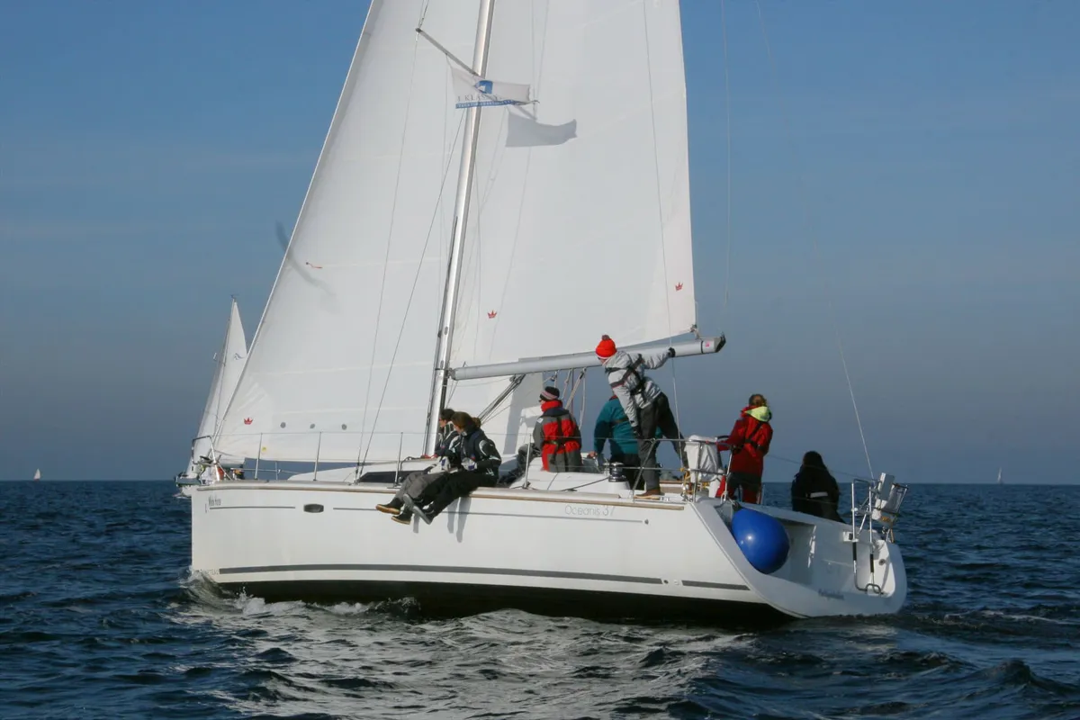 Exterior view of White Horse, a Beneteau Oceanis 37 sailboat at Flensburg, Germany