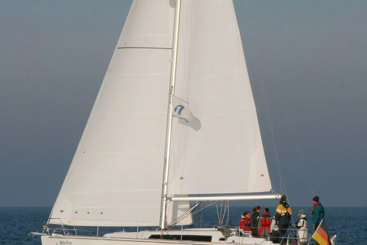 Exterior view of White Horse, a Beneteau Oceanis 37 sailboat at Flensburg, Germany