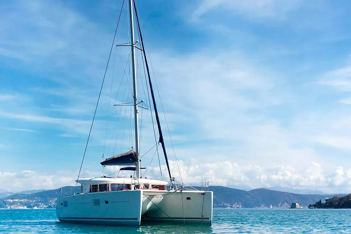 Exterior view of Nusa, a Lagoon 400 catamaran at Ibiza, Spain