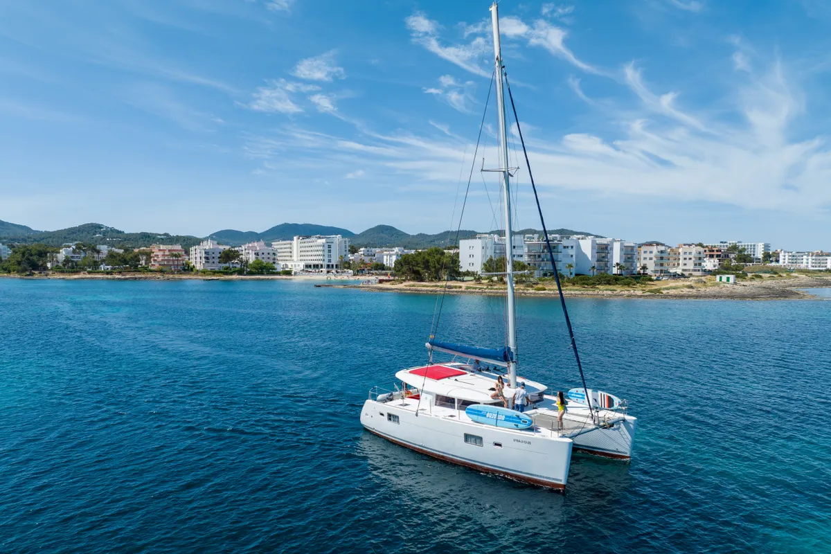 Exterior view of Nusa, a Lagoon 400 catamaran at Ibiza, Spain